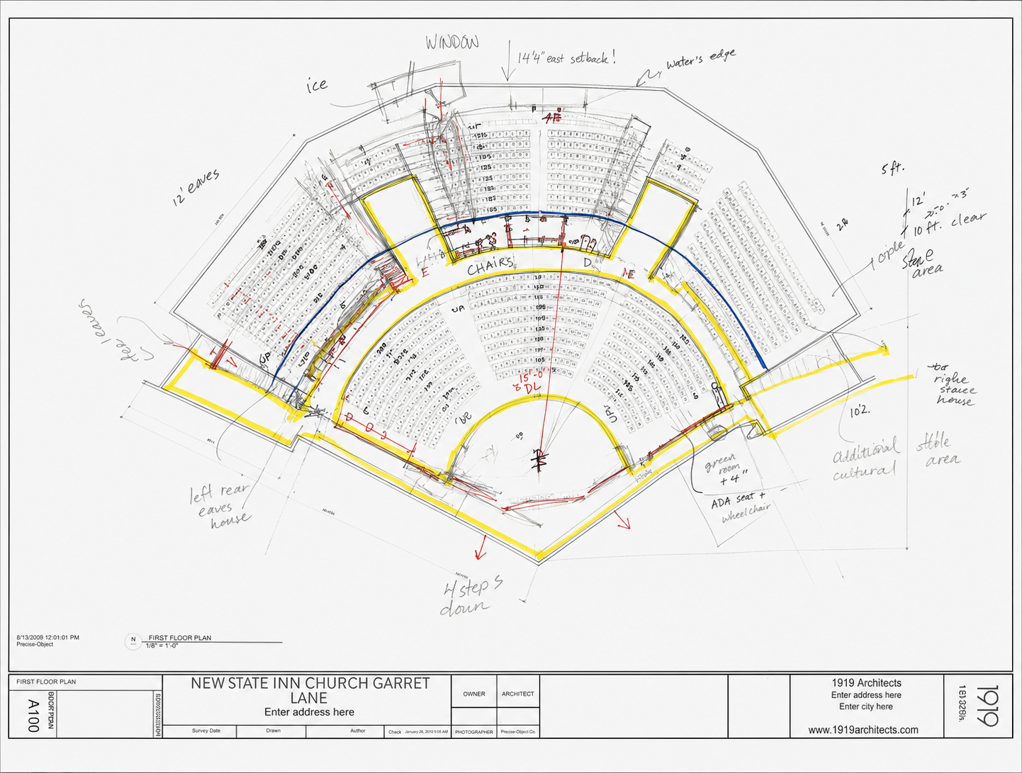 Auditorium floor plan with handwritten planning sketches and highlighted aisles